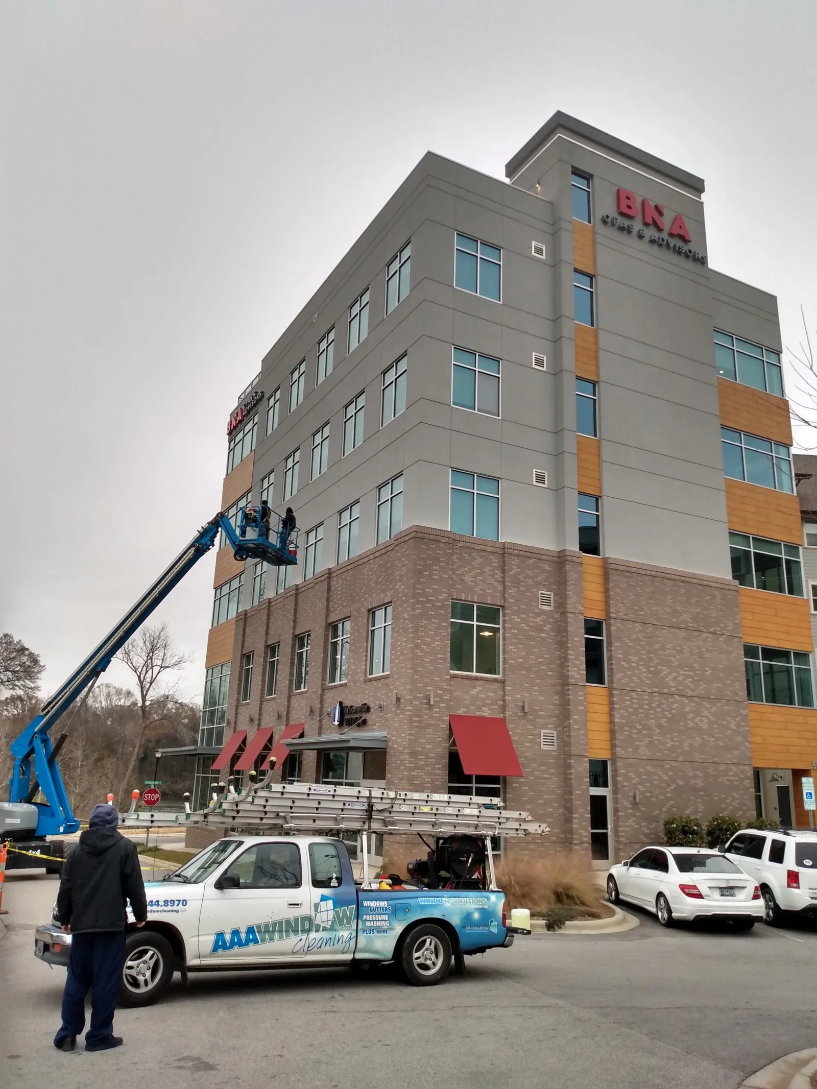 AAA crew and truck cleaning a commercial building in Charlotte