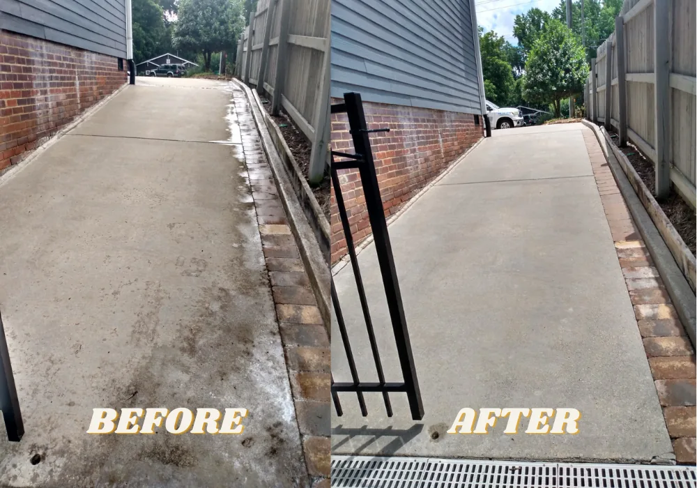 Driveway before and after pressure washing in Charlotte