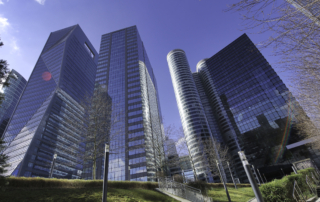 A full scale picture of multiple office buildings in a city